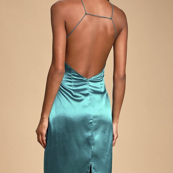 NWT Lulus Zoyah Teal Green Satin Backless Midi Dress - Picture 5 of 9